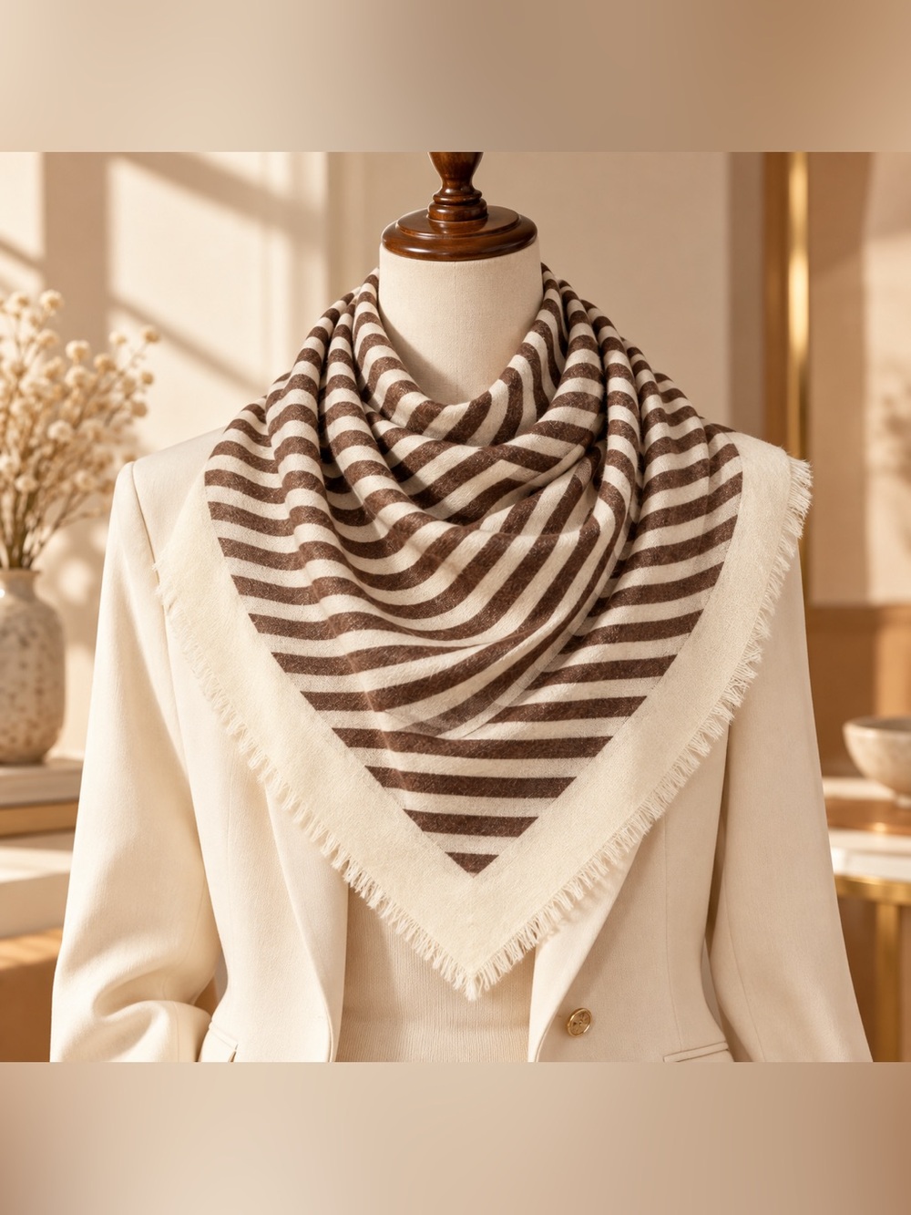 100% Wool Brown & Cream Striped Triangle Scarf Fringe Shawl